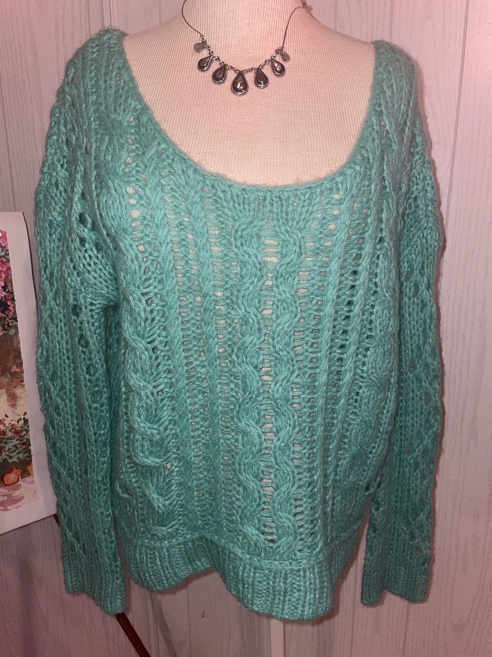 FREE PEOPLE OPEN CABLED SWEATER BOATNECK OVERSIZE GREEN KNIT SIZE S WOOL BLEND